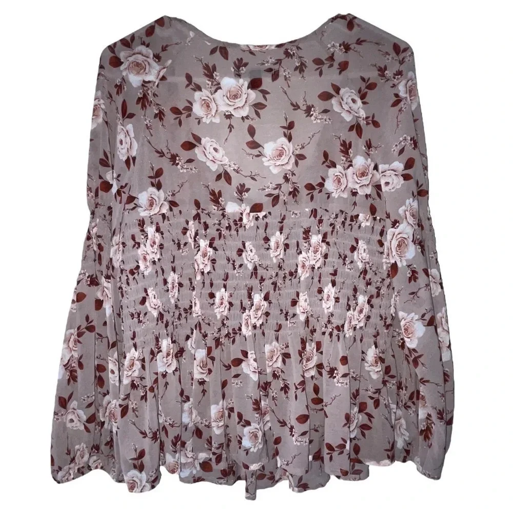 American Eagle Sheer Smocked Babydoll Top Size Small Blush Floral Boho Preppy